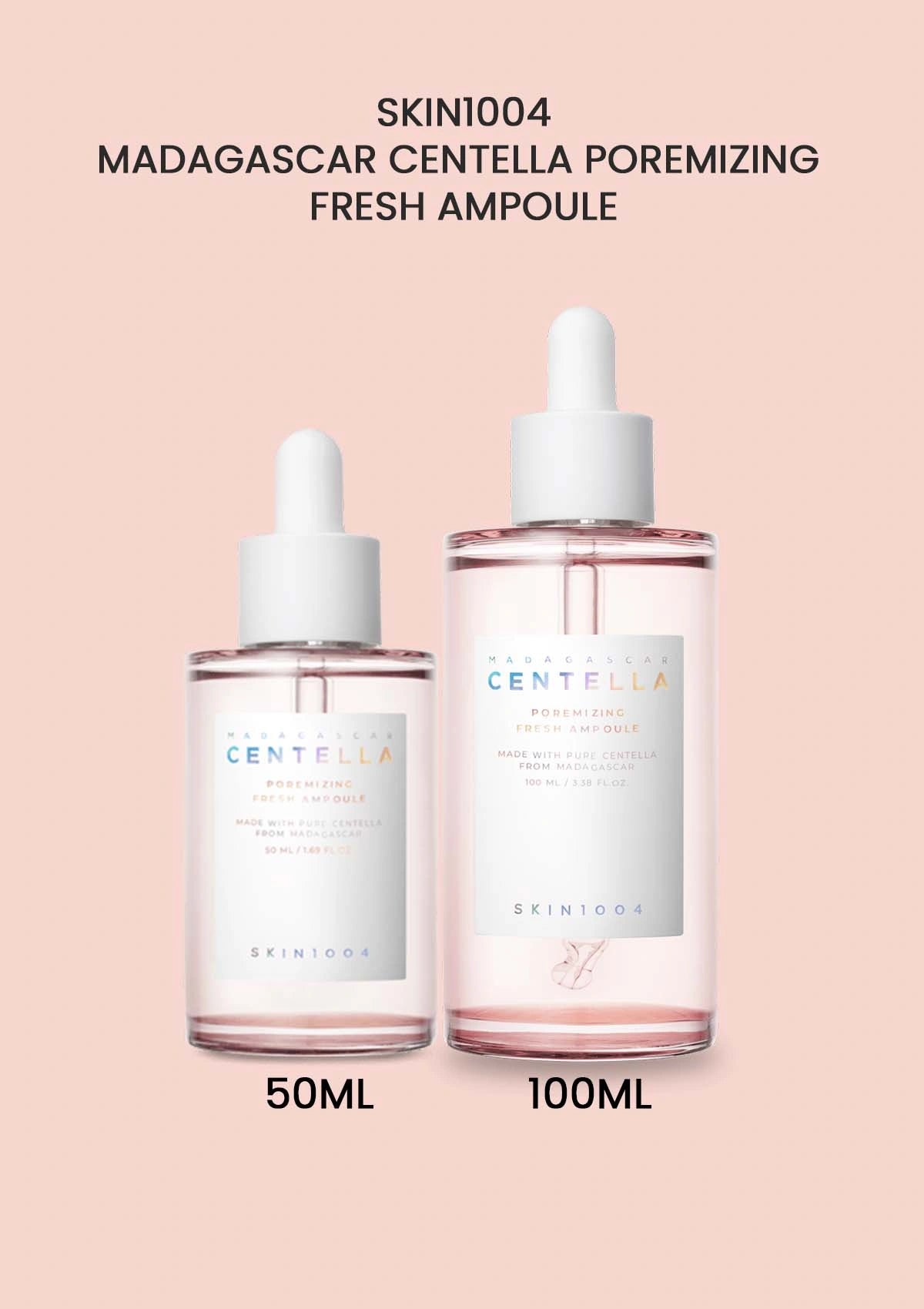 Two skincare ampoules with labels on a pink background