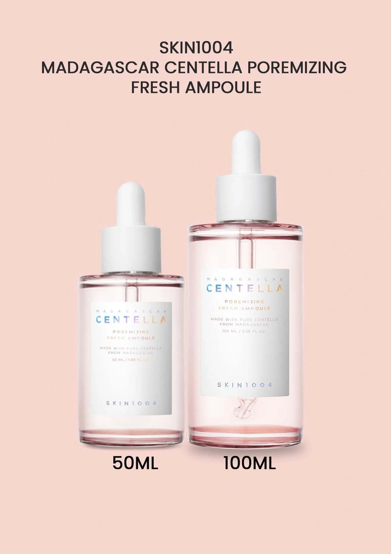 Two skincare ampoules with labels on a pink background