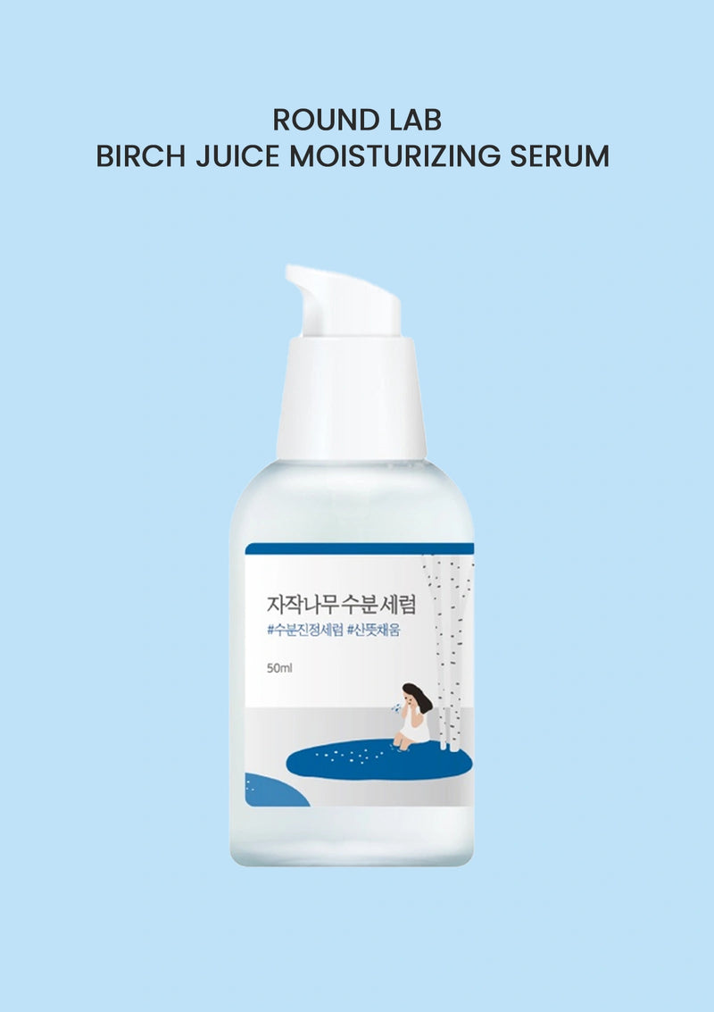 Round Lab Birch Juice Moisturizing Serum bottle on a light blue background