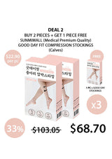 Compression stockings packaging with promotional text and pricing on a white background