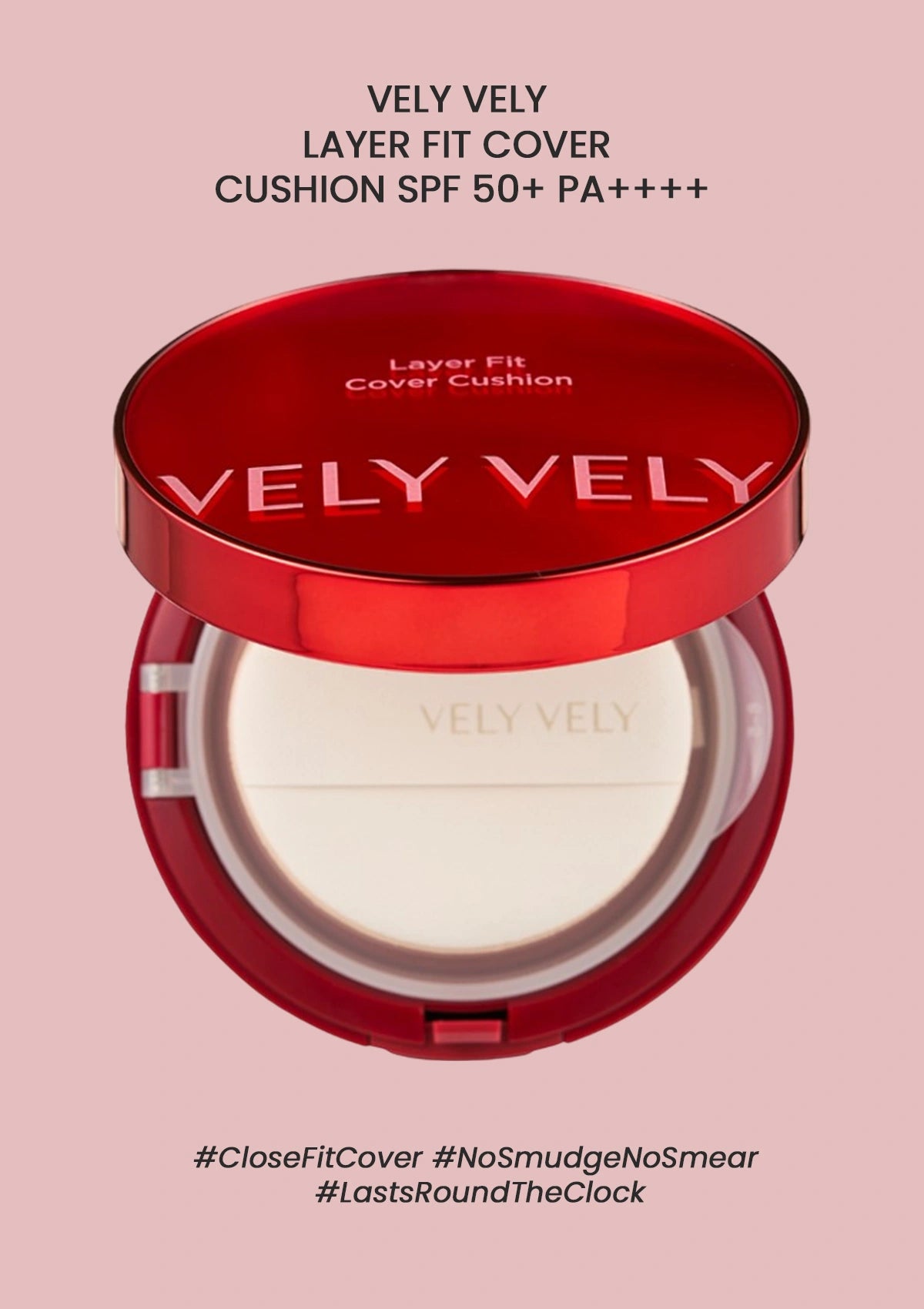 VELY VELY Layer Fit Cover Cushion with red casing on a pink background