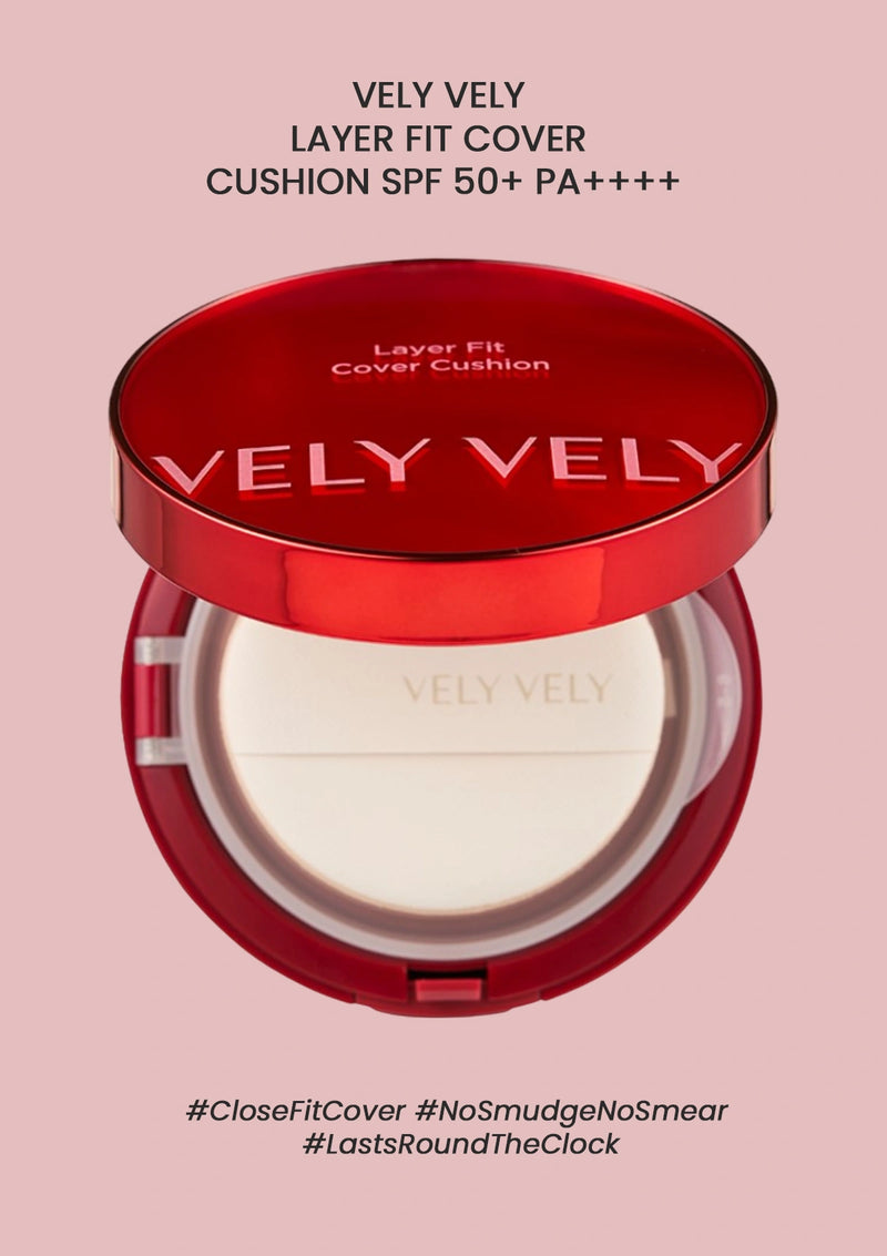 VELY VELY Layer Fit Cover Cushion with red casing on a pink background
