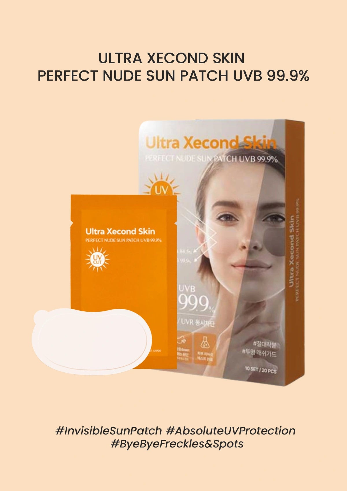 Ultra Xecond Skin sun patch packaging with a sun patch on a beige background