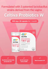 Celtiva Probiotics W supplement packaging shown on a pink promotional background with Korean text. The image includes a white and pink jar, matching box, and three benefit callouts about lactobacillus strains and bowel movement.