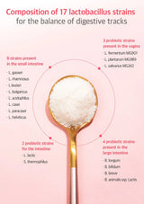 An infographic on a light pink background titled 'Composition of 17 lactobacillus strains for the balance of digestive tracks,' with a gold spoon filled with white powder in the center and text listing probiotic strains by digestive region.