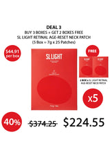 Advertisement for SLIGHT retinal age-reset neck patch with promotional offer on a white background