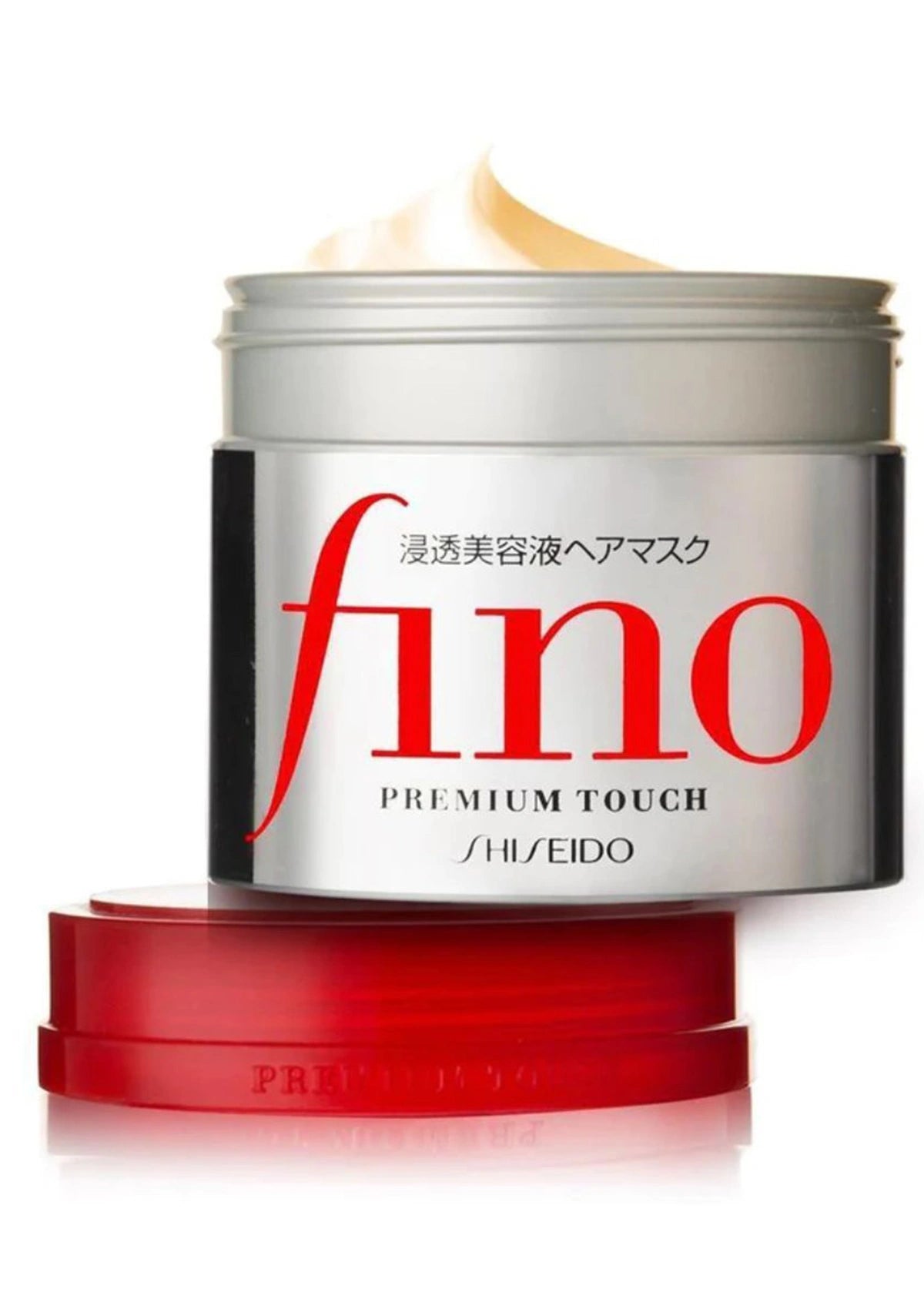 Silver and red container of 'fino' hair mask on a white background