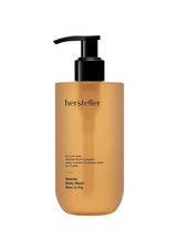 Hersteller body wash bottle with pump on a white background