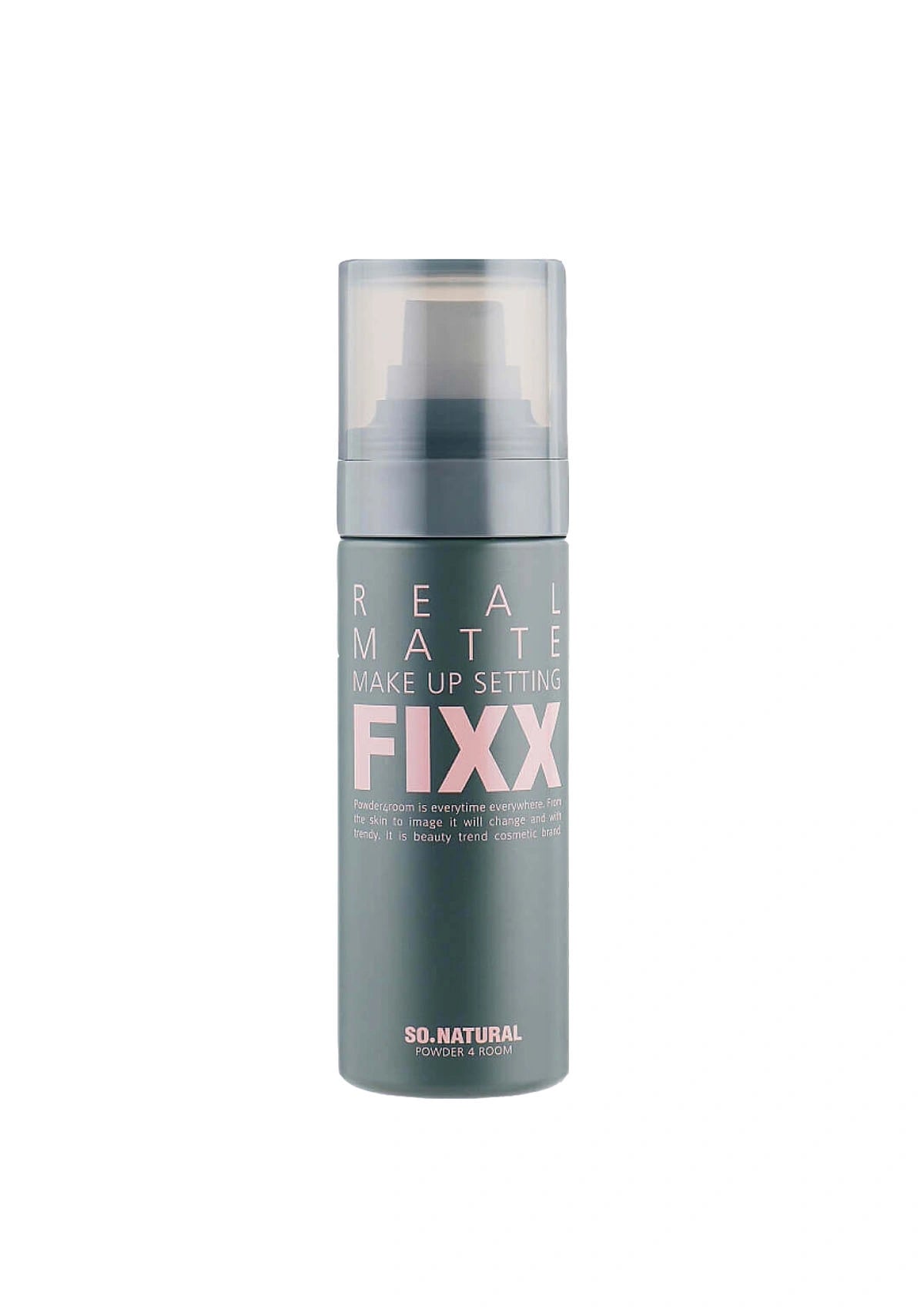 Makeup setting spray bottle labeled 'Real Matte Make Up Setting Fixx' on a white background