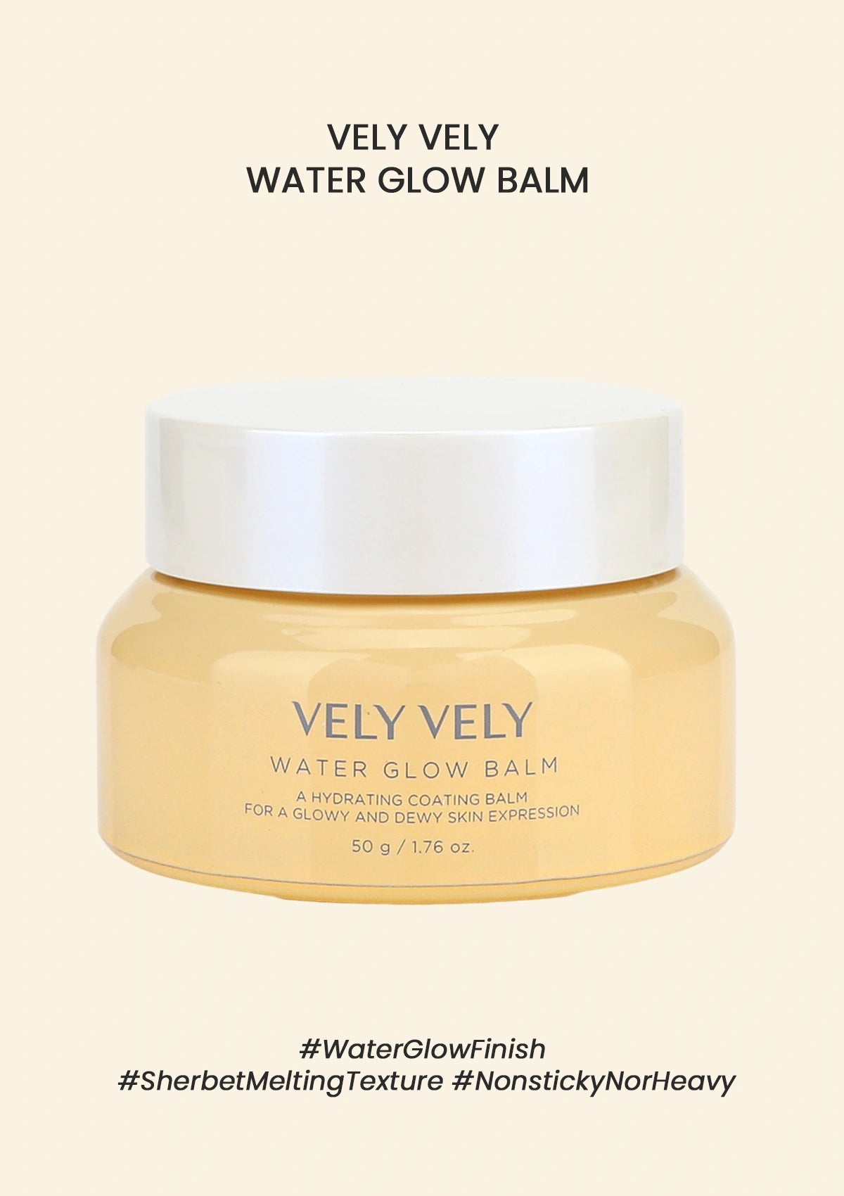 A jar of Vely Vely Water Glow Balm, with a yellow-gold colored product visible through the transparent glass.