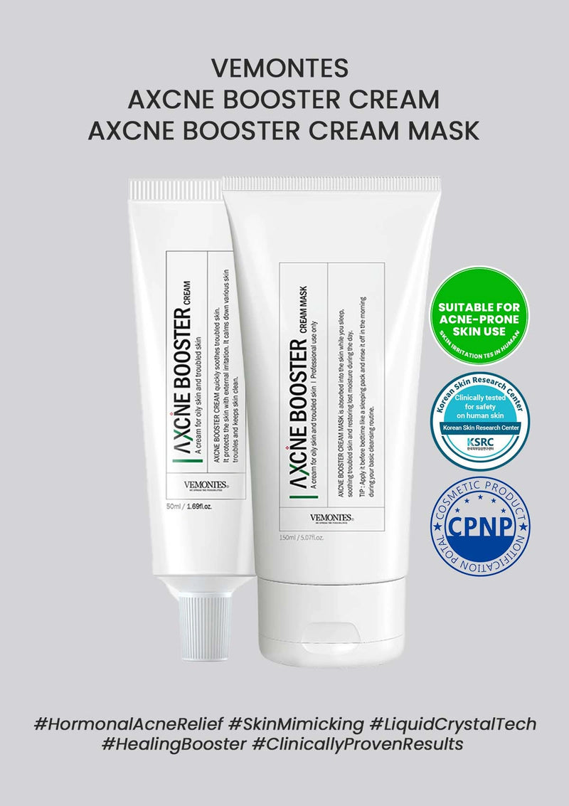 Vemontes Axcne Booster Cream and Mask on a gray background