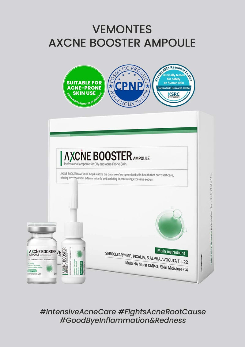 Vemontes Axcne Booster Ampoule packaging with product bottles on a light gray background