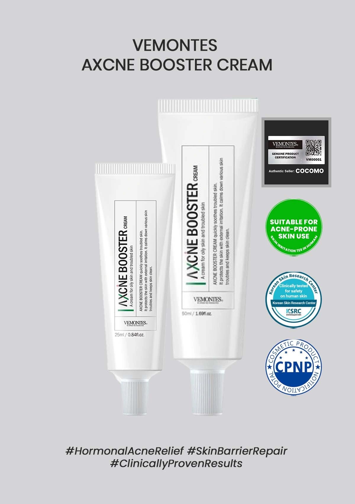 Vemontes Acne Booster Cream packaging with certification logos on a gray background