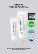 Vemontes Acne Booster Cream packaging with certification logos on a gray background