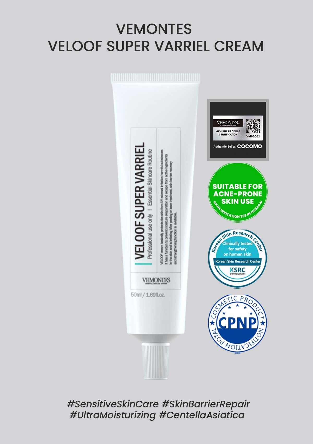 Vemontes Veloof Super Varriel Cream tube with certification logos on a gray background