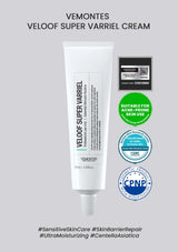 Vemontes Veloof Super Varriel Cream tube with certification logos on a gray background