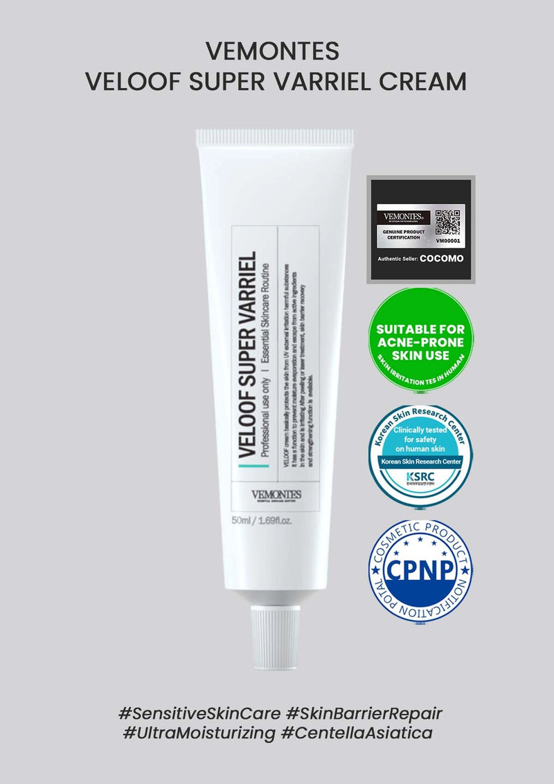 Vemontes Veloof Super Varriel Cream tube with certification logos on a gray background