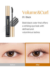 Eyebrow pencil with a before and after effect on eyes, labeled 'Volume & Curl' and 'Black'.