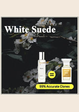 Two perfume bottles with flowers and text 'White Suede' and '99% Accurate Clones'.