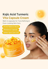 Kojic Acid Turmeric Vita Capsule Cream with a woman applying it to her face on a light background
