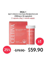 Celtiva Probiotics W supplement offer showing a red box and matching bottle with white text, alongside promotional text 'DEAL 1 BUY 1 PIECE CELTIVA PROBIOTICS W (500mg x 30 capsules)' and price badges on a white background.