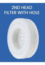 White filter with a hole on a blue background, labeled '2ND HEAD FILTER WITH HOLE'.