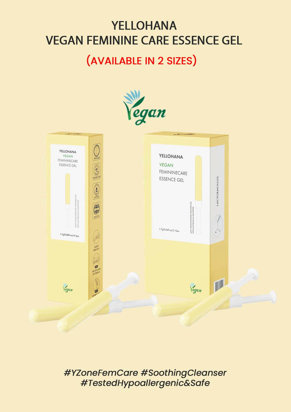 Yellohana Vegan Feminine Care Essence Gel packaging on a beige background
