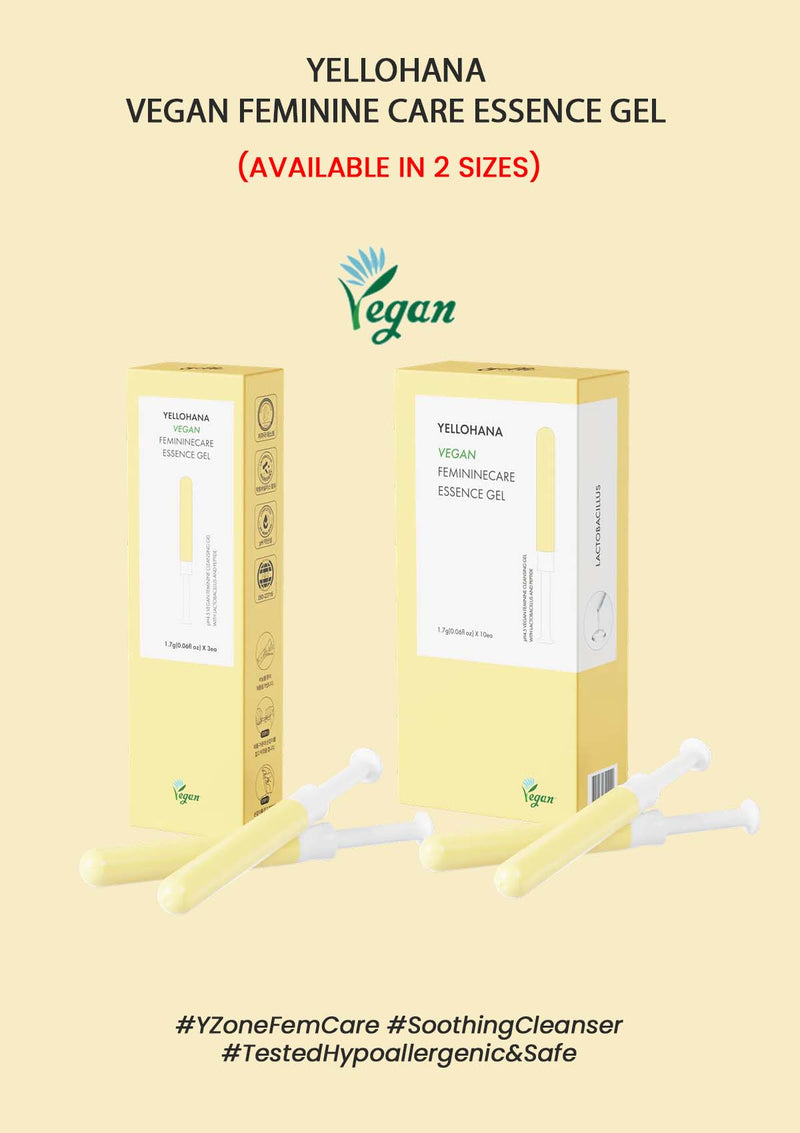 Yellohana Vegan Feminine Care Essence Gel packaging on a beige background