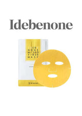 Yellow face mask with packaging and 'Idebenone' branding on a white background