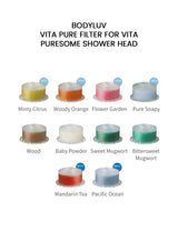 A product color chart for the BODYLUV Vita Pure Filter for Vita Puresome Shower Head, showing multiple filter cartridges in different scents (Minty Citrus, Woody Orange, Flower Garden, Pure Soapy, Wood, Baby Powder, Sweet Mugwort, Bittersweet Mugwort, Mandarin Tea, and Pacific Ocean) on a white background.