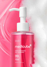Medicube skincare product with pump on a pink and white background
