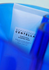 Blue container with a label on a light blue background