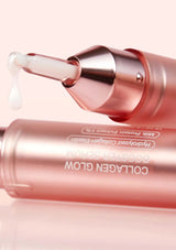 Rose gold collagen serum bottle with dropper on a light pink background