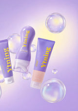 Purple skincare products with 'Ytming' branding on a light purple background with bubbles.