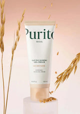 Purito oat cream tube with oats on a pink background