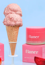 Pink gelato pore mask container with 'flaner' branding on a pink background