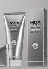 MBA Derma Deep Clean Salt Scrub Shampoo with packaging on a gray background