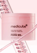 Pink collagen toning gel toner pad packaging with 'medicube' branding on a white background.