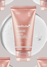 Pink tube of Medicube Collagen Night Wrapping Mask on a light gray background