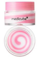 Pink and white swirl container with 'medicube' branding on a white background