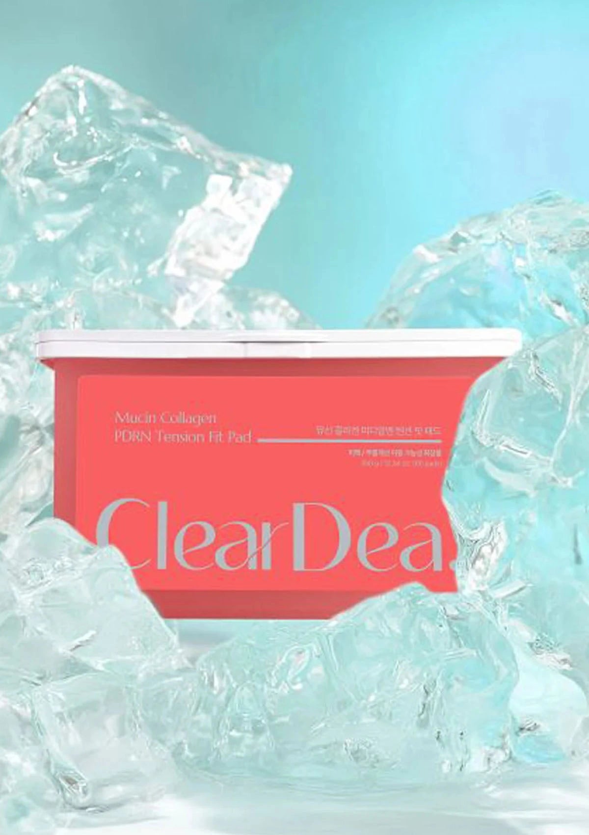 ClearDea product packaging with ice cubes on a light blue background