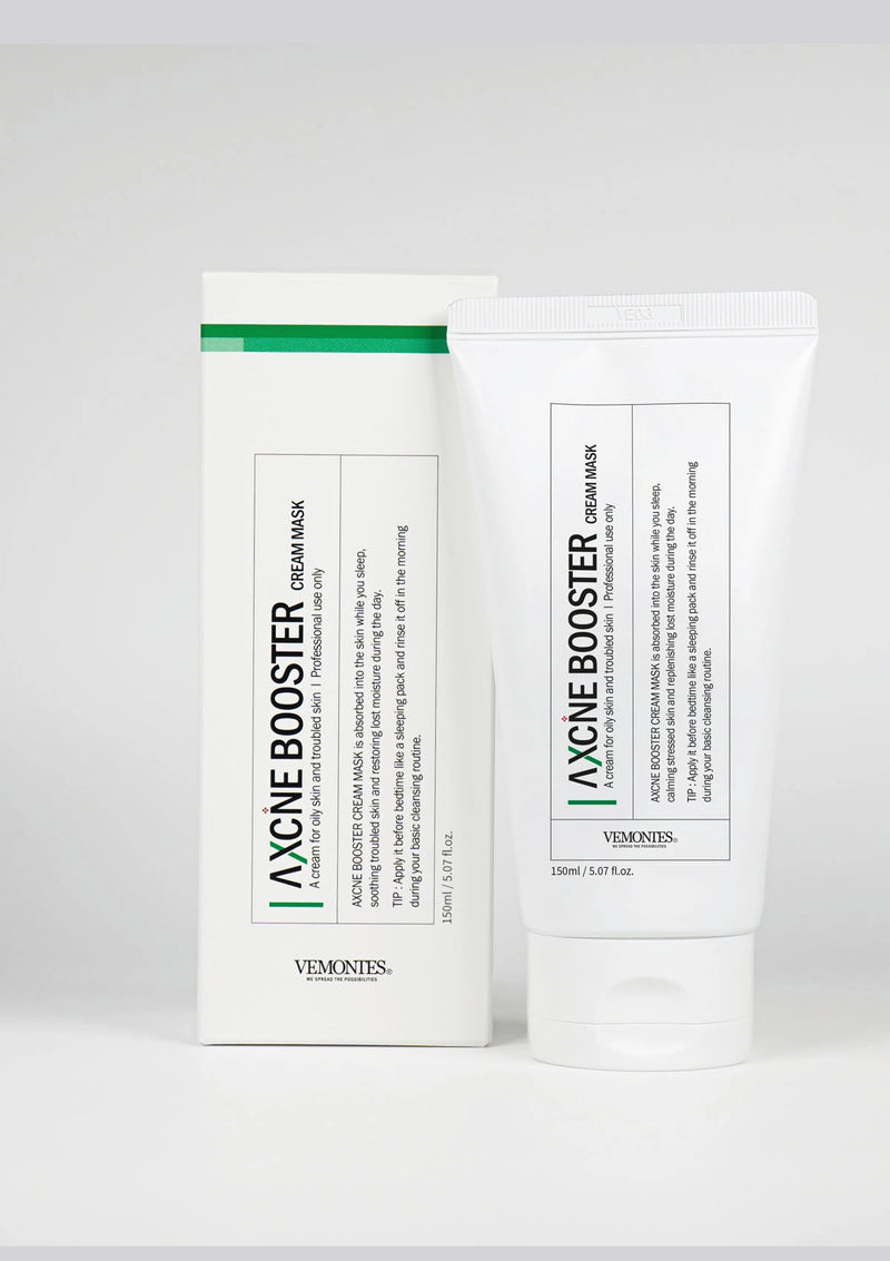 Two white packages of Vemonites Acne Booster Cream Mask on a white background