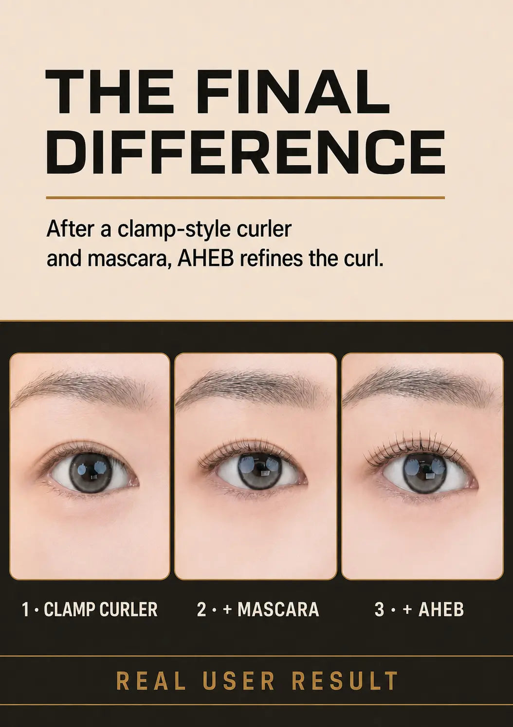 Real-user result after clamp curler, mascara and AHEB