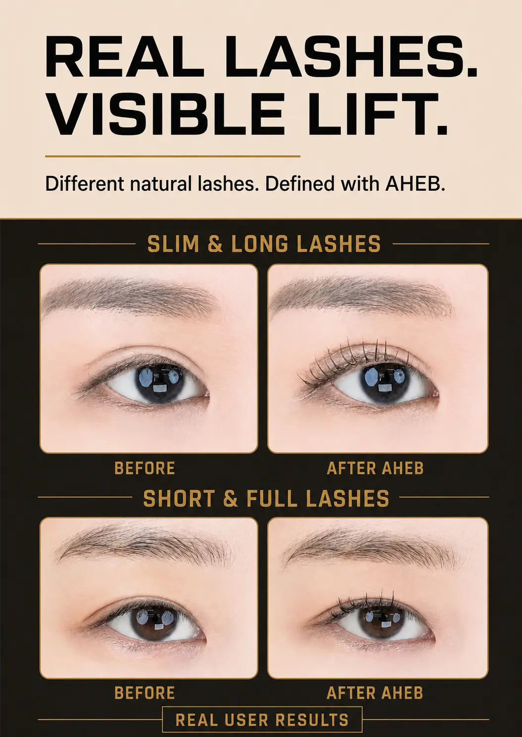 Before and after AHEB results on slim long lashes and short full lashes