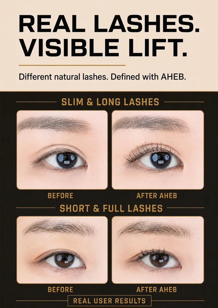 Before and after AHEB results on slim long lashes and short full lashes