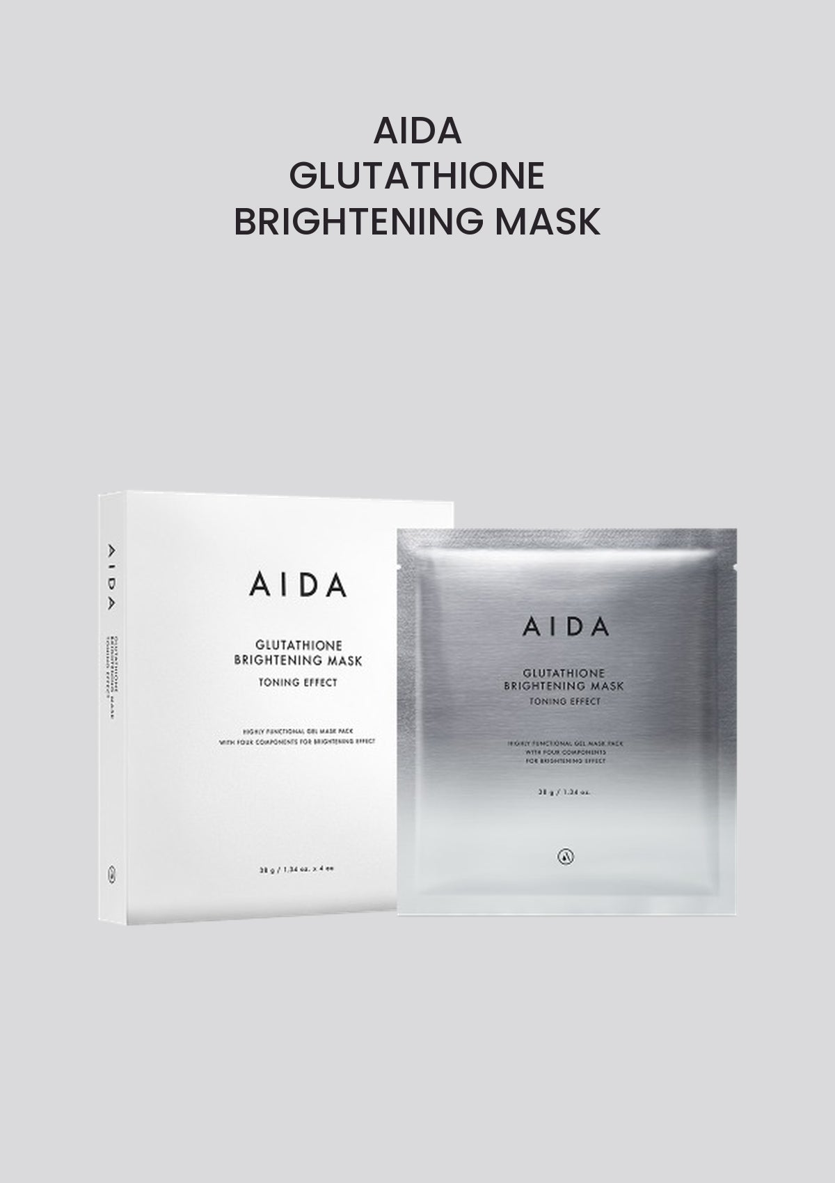 AIDA Glutathione Brightening Mask (1 Box = 4 Masks x 38g) product and packaging.