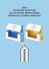 AIDA Liposome Moisture | Glutathione Brightening | Propolis Calming Ampoule product and packaging.