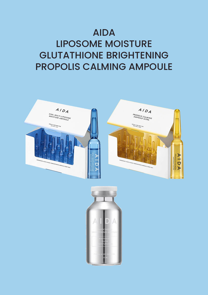 AIDA Liposome Moisture | Glutathione Brightening | Propolis Calming Ampoule product and packaging.