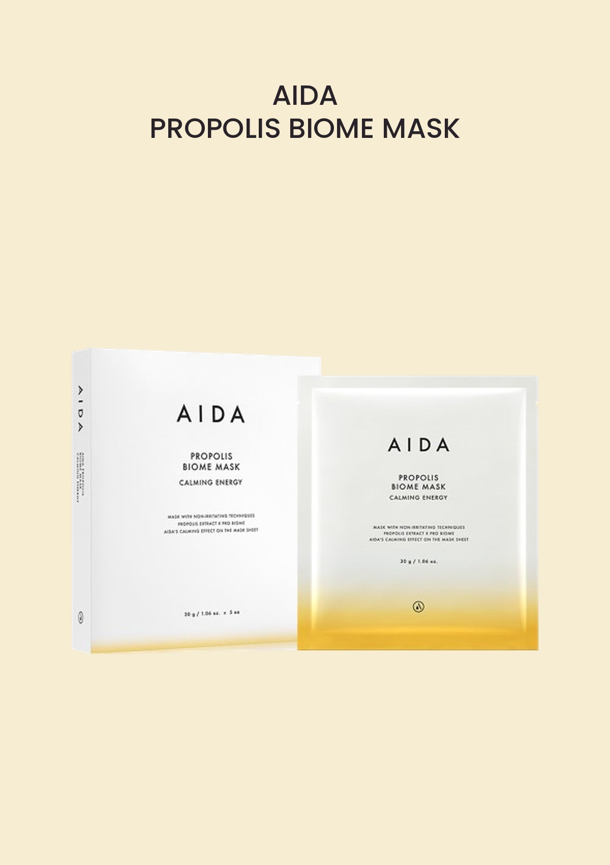 AIDA Propolis Biome Mask (1 Box = 5 Masks x 30g) product and packaging.