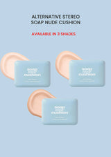 Three soap bars labeled 'soap nude cushion' on a light blue background with text about alternative stereo.